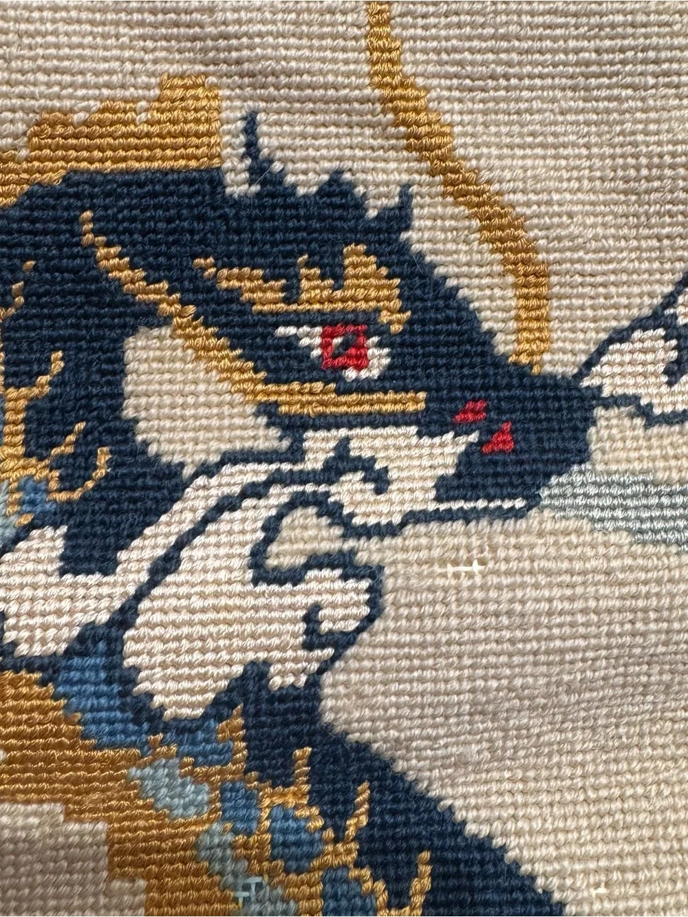 Vintage Asian Chinese Needlepoint Hanging Dragon Wall Art 60”x 7” Tapestry Brass